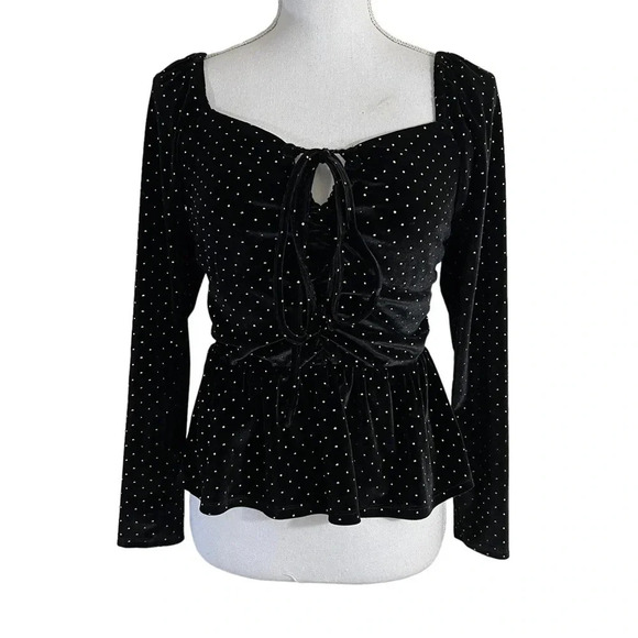 Aqua Black Velour Peplum Blouse Size XS Gold Studs Keyhole Long Sleeves Cocktail - Picture 1 of 8